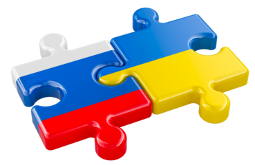 Ukraine and Russia puzzles from flags, relation concept. 3D rendering isolated on transparent background