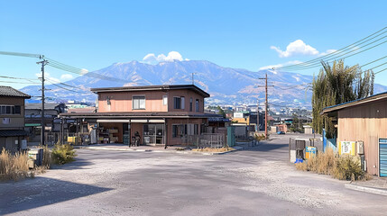 Picturesque townscape with a road leading towards mountains under a clear blue sky with buildings and houses in view