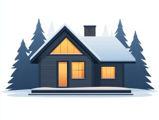 Naklejka premium A cozy, modern cabin in a snowy landscape, surrounded by tall evergreen trees, with warm light glowing from its windows.