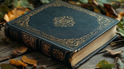 Antique book with gold detailing rests on wooden surface surrounded by autumn leaves.