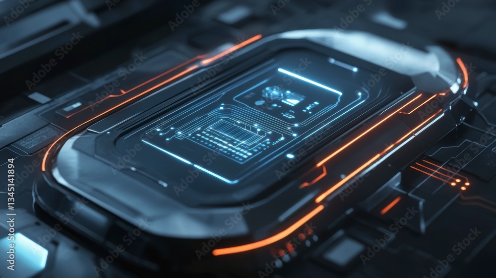 Poster futuristic circuit board with glowing chip