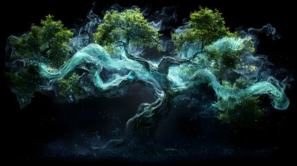 Glowing Abstract Tree with Blue Particles in Dark Background