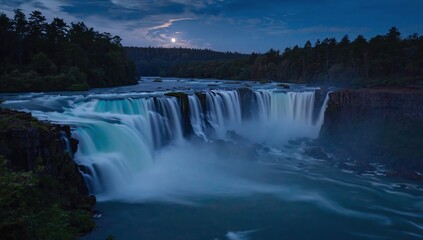 Fototapeta premium Wide Waterfall Flowing Over Rocky Ledge Under Dusk Sky