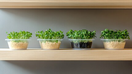 Micro pea sprouts in plastics pot on wooden shelves