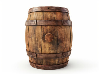 Obraz premium Old, wooden wine barrel with rusty metal bands isolated on white background.