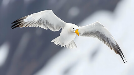 Pixelated Bird In Flight Against Snowy Mountains