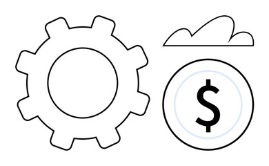 Gear, dollar coin, and cloud suggest industry, financial growth, and internet-based services. Ideal for finance, innovation, digital transformation, technology business strategy process