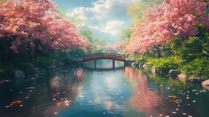 Fototapeta premium Cherry Blossom Bridge over Pond in Garden