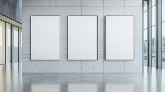 Three large blank posters with black frames mounted on a concrete office wall, surrounded by glass windows and reflecting city buildings.