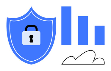 Fototapeta premium Blue shield with a lock symbol, bar chart, and cloud outline conveying data protection, privacy, cloud computing, security analytics, and safe digital storage. Ideal for cybersecurity, data