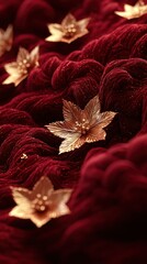 Golden flowers scattered on deep red, textured surface. Elegant, luxurious