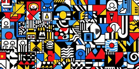 A vibrant abstract composition featuring geometric shapes and colors