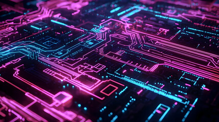 Abstract Futuristic Circuit Board Design With Pink And Blue Neon Lights