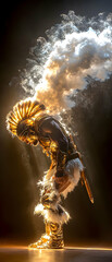 Golden Costumed Dancer with Fire and Smoke on Dark Stage