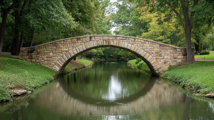 Fototapeta premium A stone bridge arching over a small river, its reflection creating a perfect symmetry in the water, surrounded by green trees