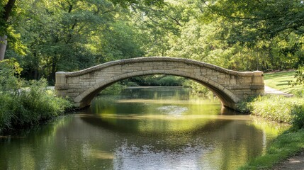 Fototapeta premium A stone bridge arching over a small river, its reflection creating a perfect symmetry in the water, surrounded by green trees 