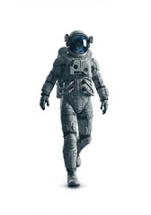 Fototapeta premium Astronaut walking in space with Earth reflected in helmet, ideal for space exploration and science fiction themes.