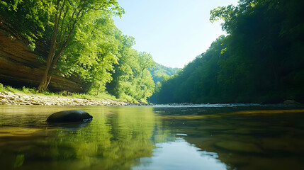 Scenic River Flowing Through Lush Green Forest Under Bright Sunlight During Daytime