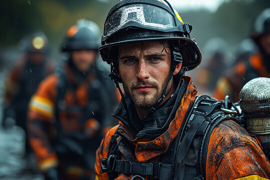 A firefighter team training with weighted gear in an obstacle course. Concept of occupational fitness and emergency readiness.