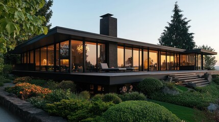 A stunning minimalist modern house with large glass windows, surrounded by a landscaped garden, captured during golden hour with warm lighting 