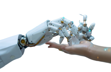 Robot and human hands touch over big data network connections artificial intelligence High quality photo