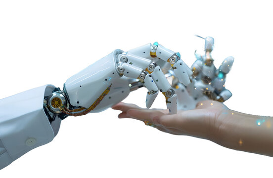 Robot and human hands touch over big data network connections artificial intelligence High quality photo