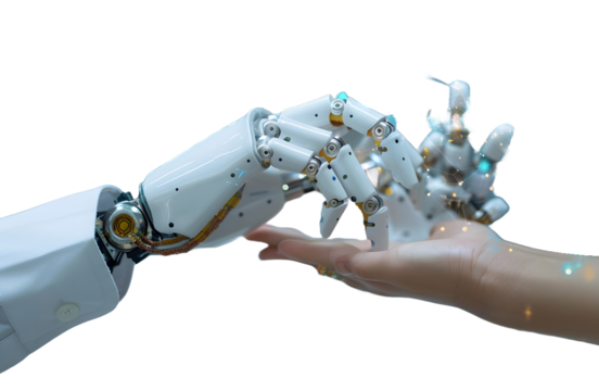 Robot and human hands touch over big data network connections artificial intelligence High quality photo
