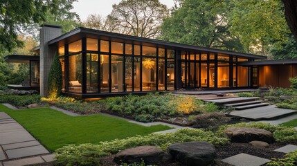 A stunning minimalist modern house with large glass windows, surrounded by a landscaped garden, captured during golden hour with warm lighting 