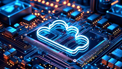Fototapeta premium Neon cloud symbol on futuristic circuit board
