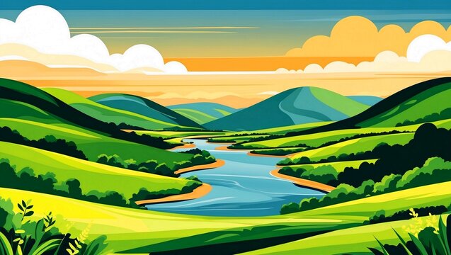 Picturesque countryside landscape with rolling hills and river