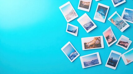 Many landscape photos are scattered over a bright blue surface