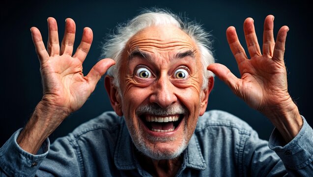 Playful elderly man expressing joyful humor in studio