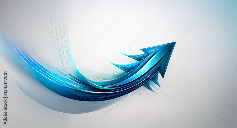 Poster an upward curving blue arrow with a dynamic, flowing effect against a neutral light background, sugg