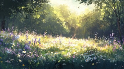 Fototapeta premium Beautiful forest scene featuring sunlight filtering through trees and flowers