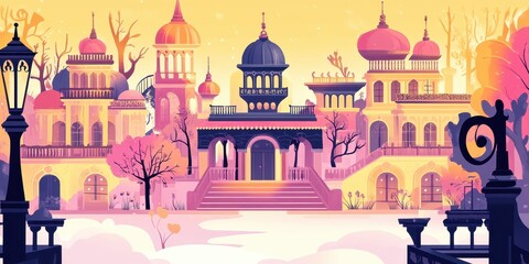 A beautiful illustration of stylized architecture in a scenic landscape