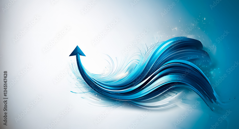 Poster a blue arrow dynamically curves upwards, flowing with motion lines against a gradient backdrop from 