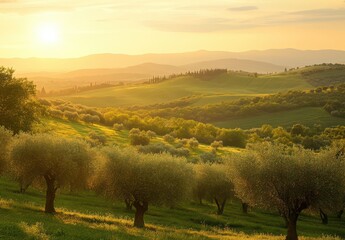 Fototapeta premium Serene Olive Grove Landscape at Sunset with Rolling Hills and Golden Sunlight Casting Warm Glow Across Lush Green Fields and Gentle Sky