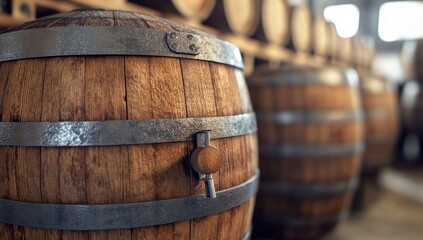 Fototapeta premium Wooden barrels in a warehouse