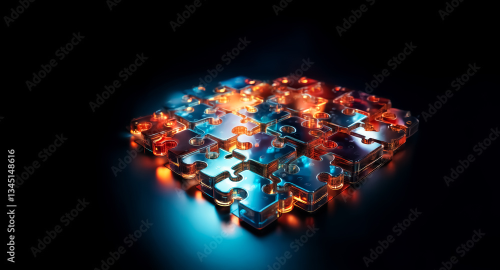 Poster illuminated puzzle pieces in blue and orange hues are connected on a dark background. glowing edges 