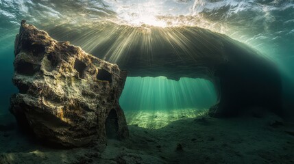 A stunning underwater landscape of a submerged rock formation with rays of sunlight shining through the water, creating dramatic shadows and reflections