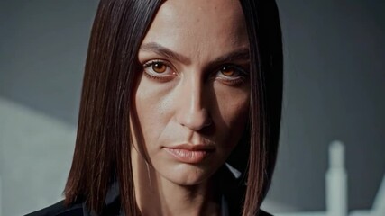 Portrait of a confident woman with an intense gaze. Her sleek, dark hair frames her face, creating a powerful, dramatic mood ideal for editorial and artistic projects.