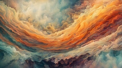A captivating abstract image featuring swirling, textured clouds warm cool tones, creating a dreamy, ethereal atmosphere.