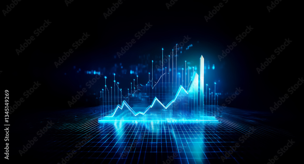 Poster futuristic blue graph with upward trend lines illuminates a dark backdrop. digital data visualizatio