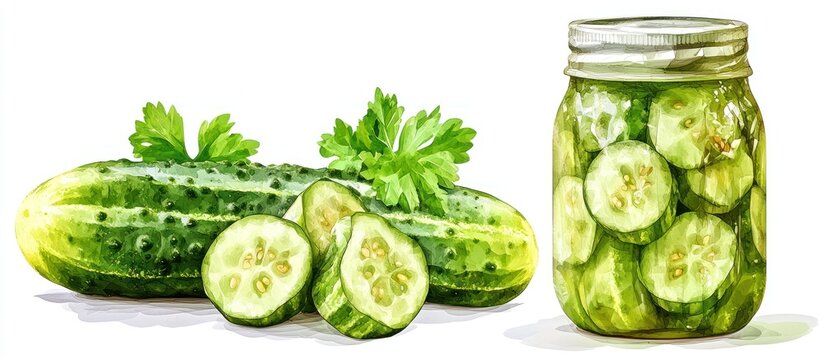 Fresh cucumbers with parsley leaves and a jar of pickles