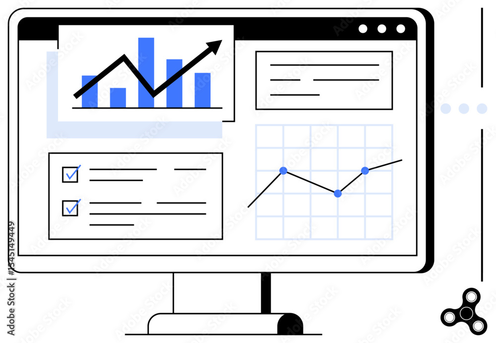Poster desktop screen with bar graph, line chart, checklist, and data visualization elements. ideal for bus