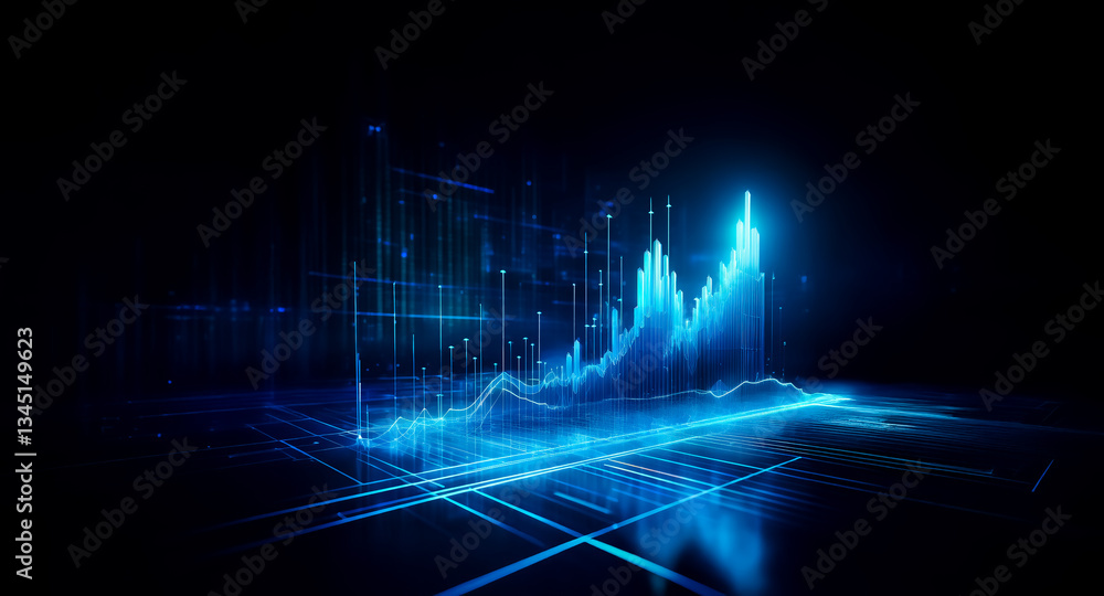 Poster a glowing blue digital graph rises from a dark surface, resembling a futuristic cityscape or abstrac
