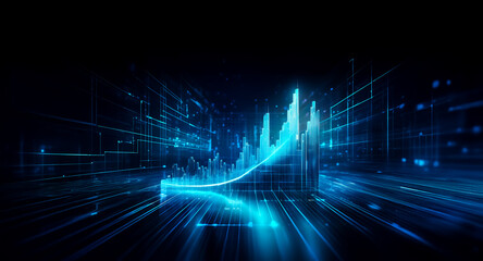 A glowing blue graph ascends in a dark digital space, illuminated by lines and dots representing data flow and network connections. The abstract image suggests technological advancement.