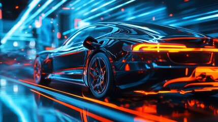 Fototapeta premium Futuristic black car in motion, glowing neon city background. Possible stock photo use