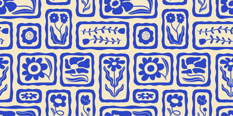 Blue floral seamless pattern illustration. Vintage style flower frame background design. Geometric natural wallpaper print, spring season nature backdrop texture with flowers.