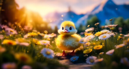 A fluffy yellow duckling stands amidst a vibrant field of daisies under a bright, sunny sky. Mountains rise in the distance, creating a peaceful and idyllic outdoor scene.